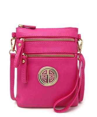 Women's Rich Faux Leather Organizer Multi Zipper Pockets Crossbody Bag WU002L FUSCHIA